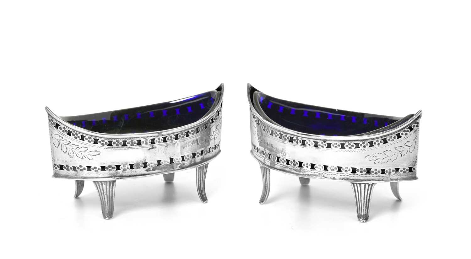 A Pair of George III Irish Silver Salt-Cellars, Maker's Mark JJ, Dublin, 1799, each navette-shaped