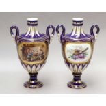 A pair of Sevres twin-handled vases decorated with vignettes, 20cm highBoth lacking covers, some