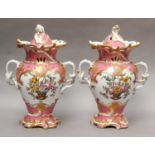 A pair of Rockingham style continental pink and floral twin-handled vases, 29cmBoth with gilt