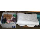 Assorted textiles and costume, comprising: two large white linen cloths/bed covers with crochet