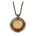 A sovereign dated 1927 mounted as a pendant on chain, pendant length 4.4cm, chain length 77cmPendant