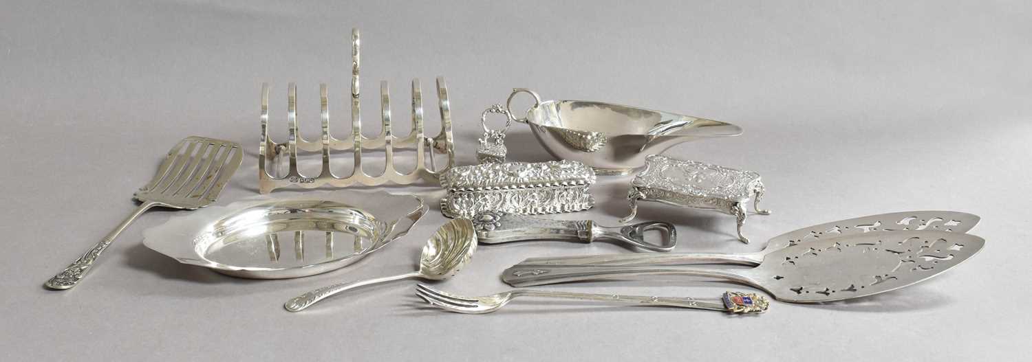 A Collection of Assorted Silver and Silver Plate, the silver including: a toast-rack; a sauce-
