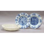 Two 18th century Delft plates, each 23.5cm diameter, together with a late 18th century Leeds