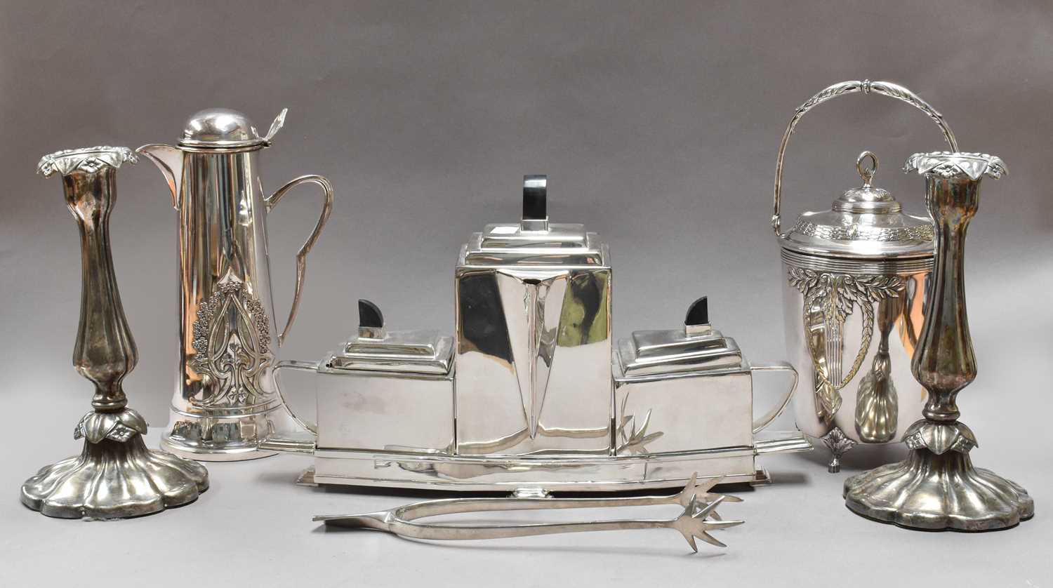 A Collection of items, including: 1940's telephone, a plated teaset, plated candlesticks (qty)