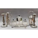 A Collection of items, including: 1940's telephone, a plated teaset, plated candlesticks (qty)