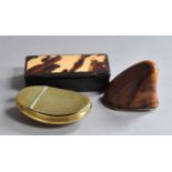 Three various snuff-boxes, one oblong and with tortoiseshell panel in the hinged cover, 10.2cm wide;