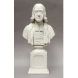A Victorian Parian bust of Rev, John Wesley, sculptor Enoch Wood, Burslem, raised on a square