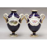 A pair of Mintons twin-handled pedestal vases, one painted with Windsor Castle, the other Alton