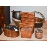 A group of 19th century and later copper and brass, including: jam pans, coal scuttle, together with