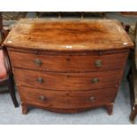 A George III crossbanded mahogany three-height bow front chest of drawers, 94cm by 55cm by 85cm