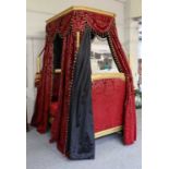 A Louis XVI style carved giltwood tester bed furnished with sumptuous crimson flock damask drapes