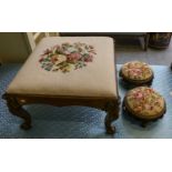 A pair of Victorian needlework footstools with ebonised frames, together with a large mahogany