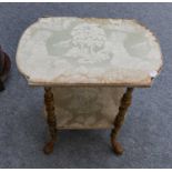 A 19th century two-tier occasional table, the silk top on four turned and gilt legs joined by a silk