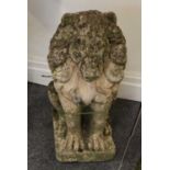 A pair of weathered composition seated lions, 45cm high