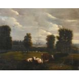 Circle of Thomas Barker of Bath (1769-1847) Cattle in a landscape with distant cathedral view Oil on