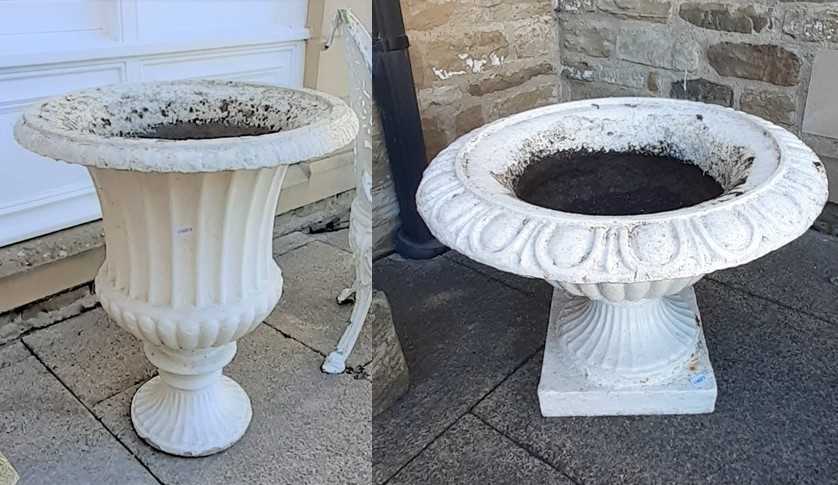 A Victorian white painted cast iron garden urn, of campana form with a part gadrooned body, 59cm