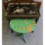 A 20th century chinoiserie green lacquered tilt top tripod table, 48cm by 38cm by 56cm, together