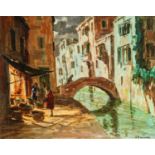 Continental School (20th century) Venetian canal scene with figures outside a shop Indistinctly