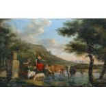 Follower of Nicolaes Bercham Rustic figures and cows in a landscape Oil on canvas, 11.5cm by 17.5cm