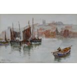 Frank Rousse (fl.1895-1917) Boats in Whitby harbour? Signed, watercolour, 34cm by 53cm
