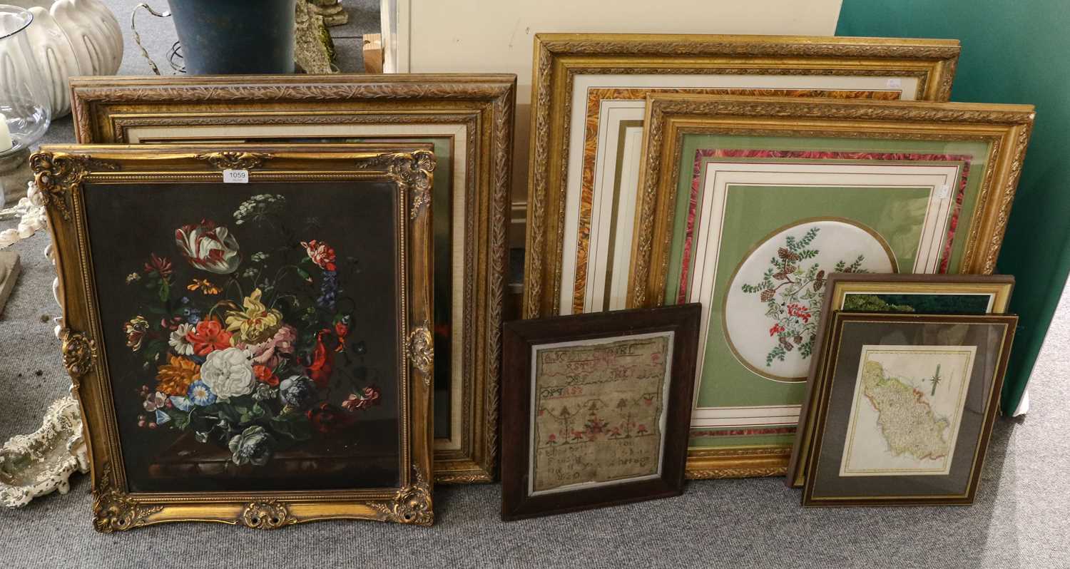 A group of decorative furnishing pictures and prints, including: a still life of flowers in an