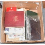 Quantity of stamps in albums and loose; and two albums of postcards, in one box