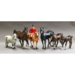 Beswick Large Racehorse, model No. 1564, grey gloss, three other grey gloss Beswick horses, five