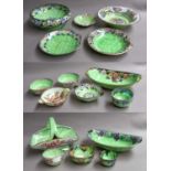 A collection of Maling green lustre pottery, including a flower basket, Art Deco ovoid dish etc (two