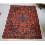 Hamadan Senneh rug, the brick red herati field with stepped medallion enclosed by geometric motif