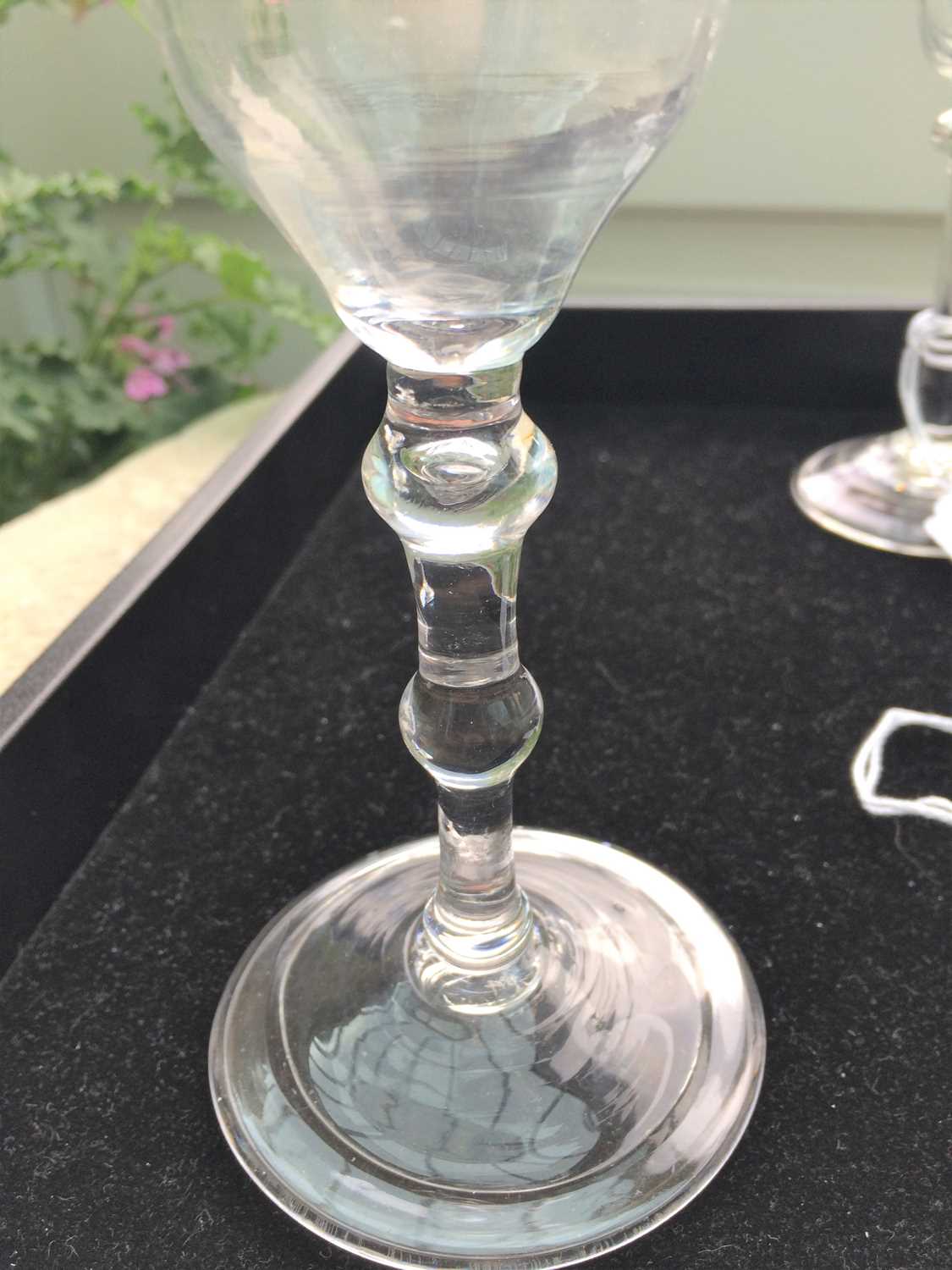 A Balustroid Wine Glass, circa 1740, the ogee bowl on a double ball-knopped plain stem and folded - Image 4 of 7
