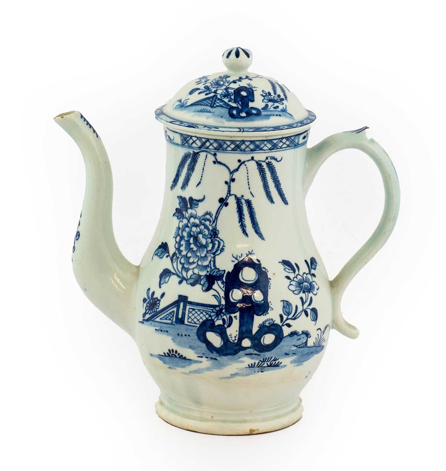 A Lowestoft Coffee Pot and Cover, circa 1770, of baluster form, painted in underglaze blue with