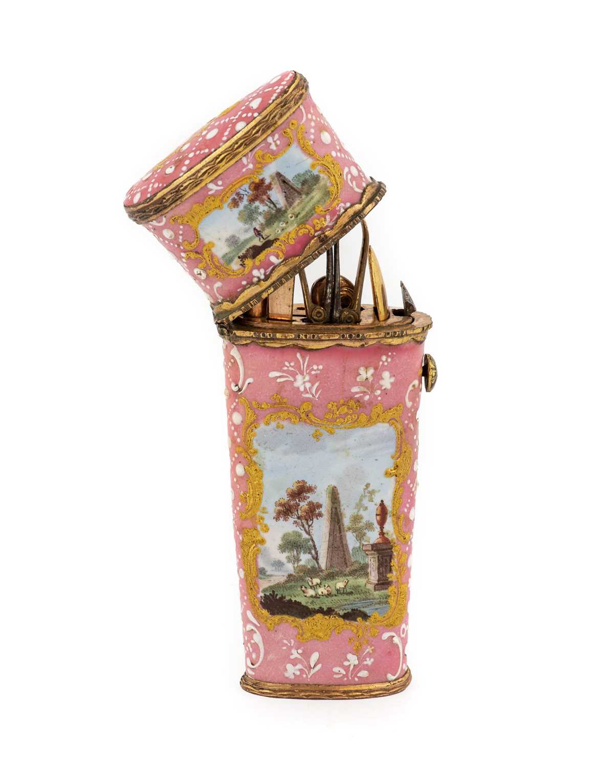 A South Staffordshire Enamel Etui, circa 1770, painted with classical landscapes within gold