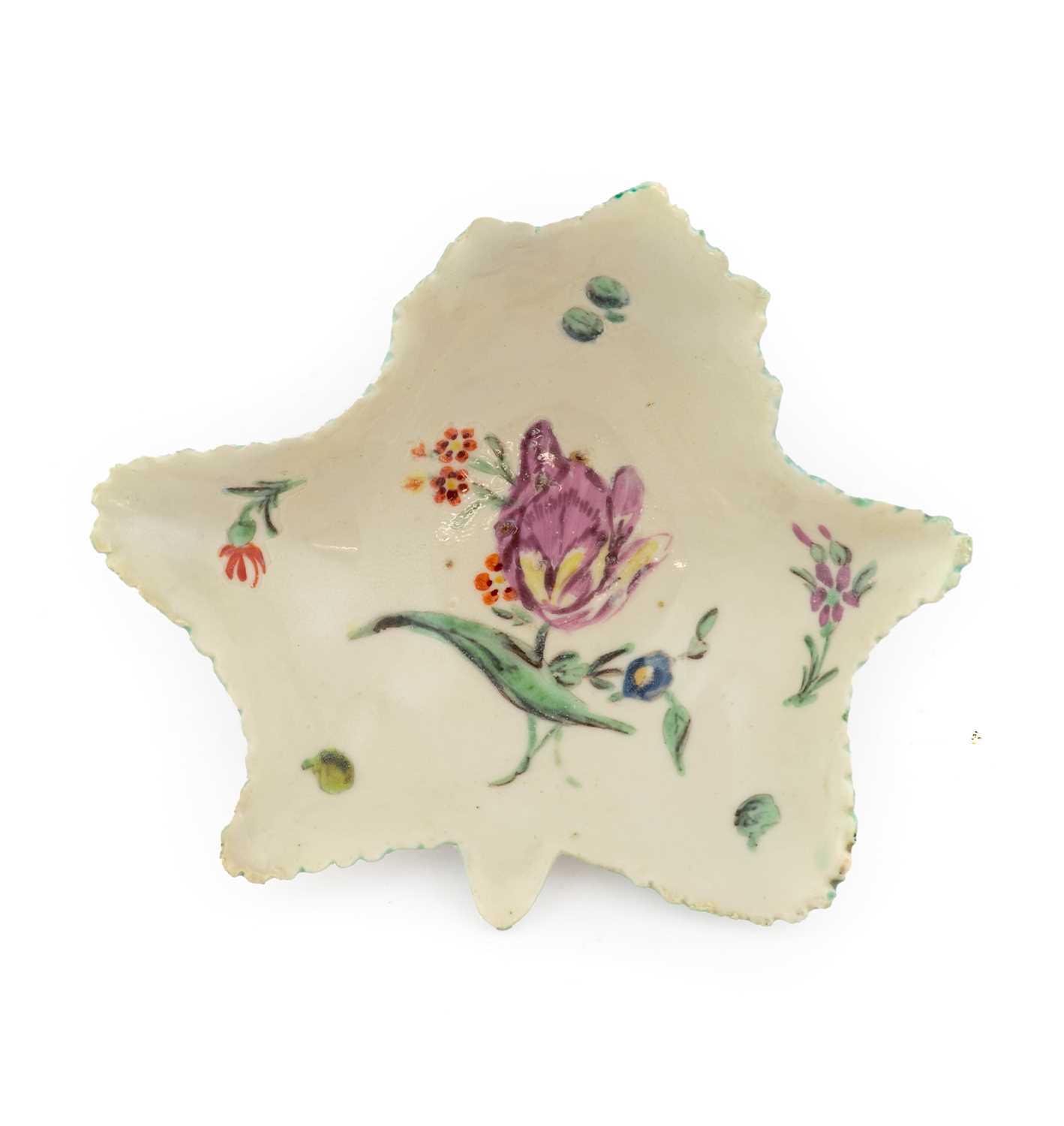 A Champions Bristol Porcelain Leaf-Shape Pickle Dish, circa 1775, painted with a spray of flowers