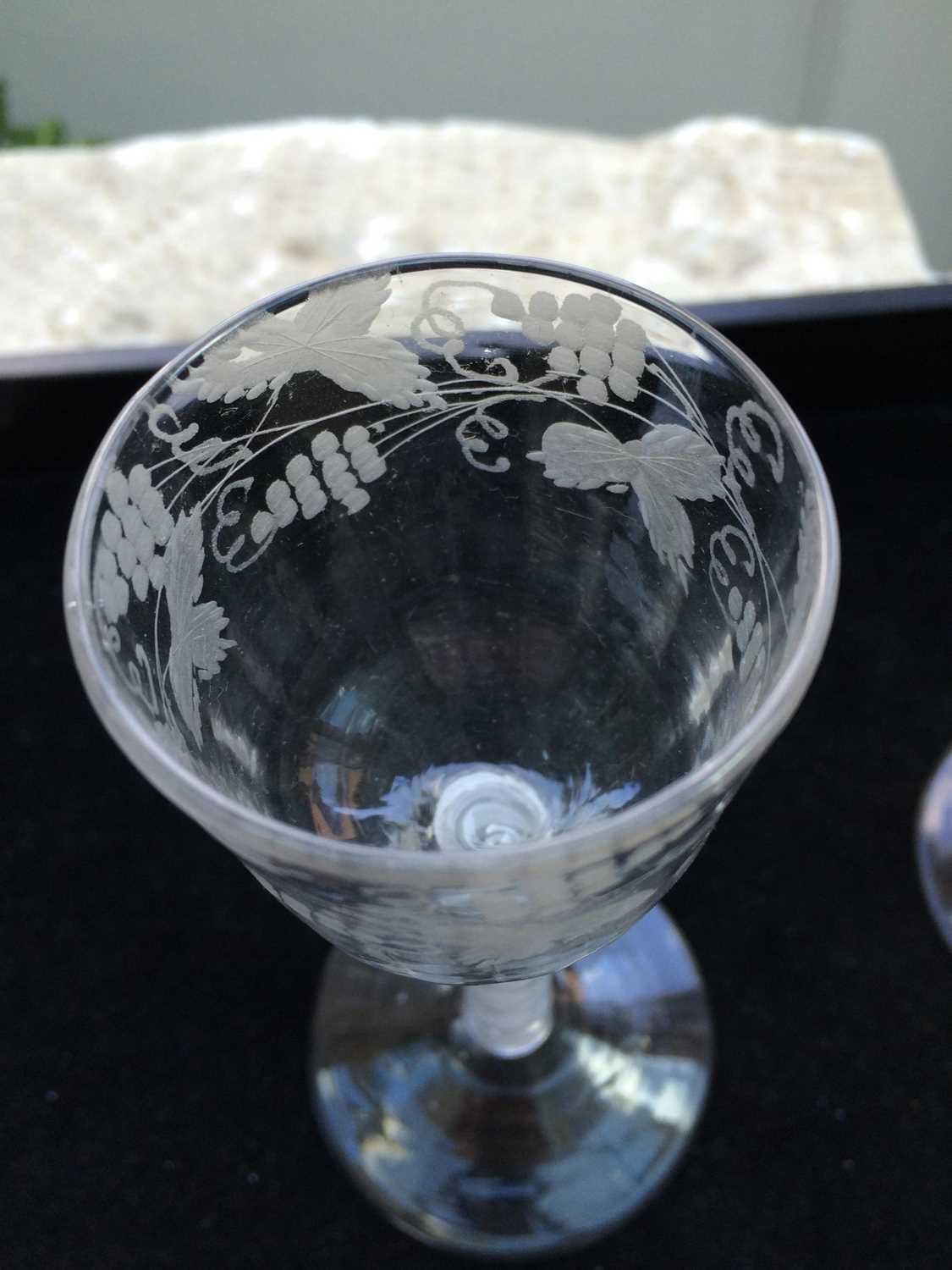 A Wine Glass, circa 1755, the semi-fluted ogee bowl engraved with fruiting vine on an opaque twist - Image 6 of 10