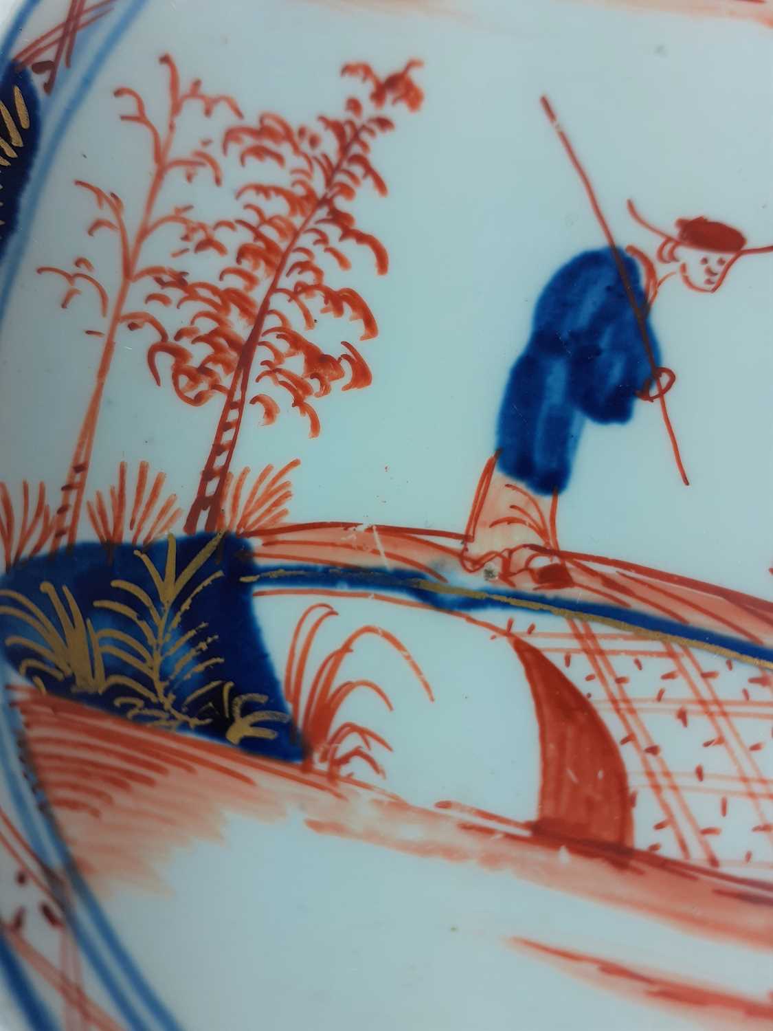 A Vauxhall Porcelain Saucer, circa 1755, painted in Chinese Imari style with a figure crossing a - Image 4 of 5