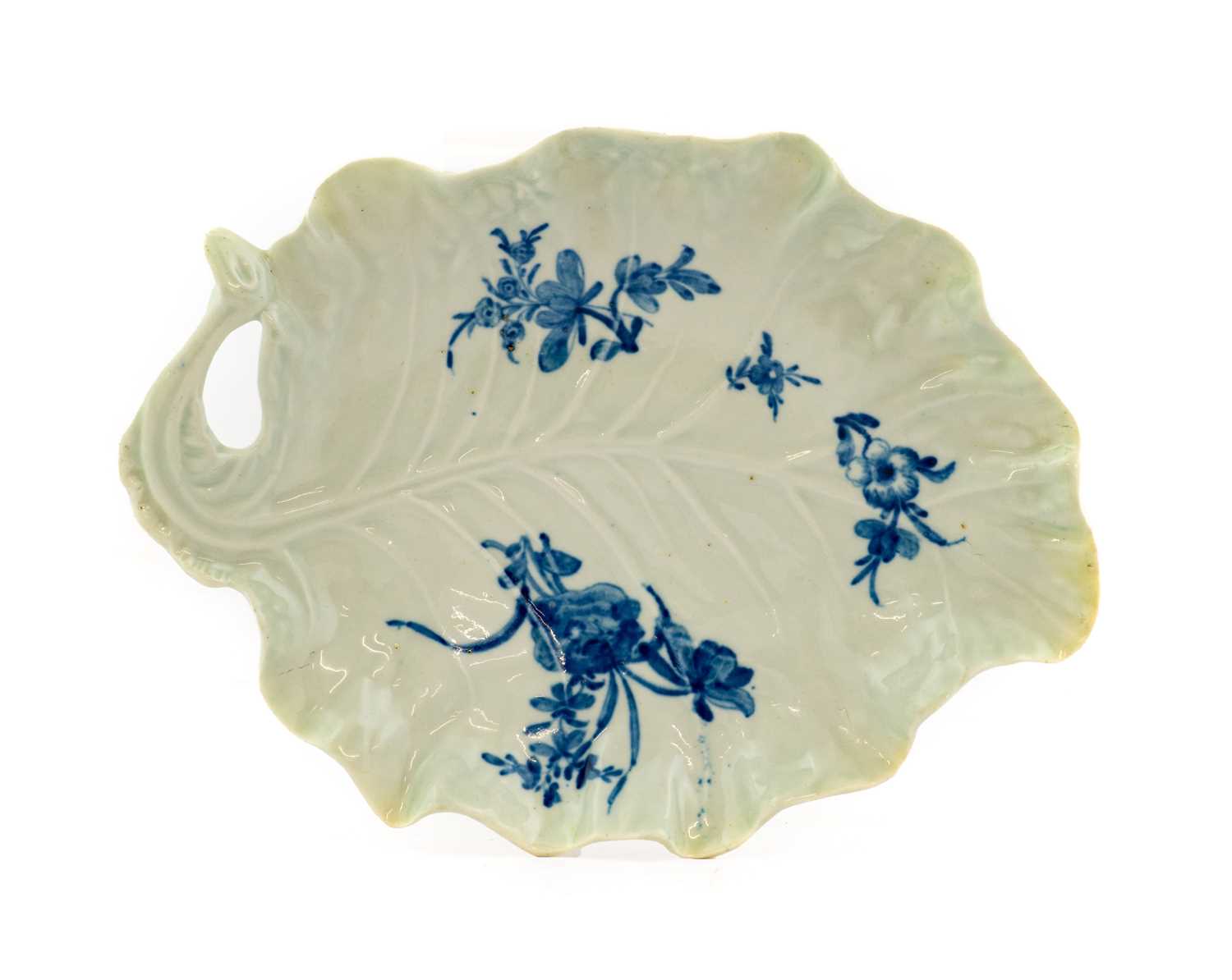 A Worcester Porcelain Leaf-Moulded Dish, circa 1758, painted in underglaze blue with the Rose and