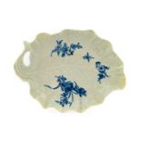 A Worcester Porcelain Leaf-Moulded Dish, circa 1758, painted in underglaze blue with the Rose and