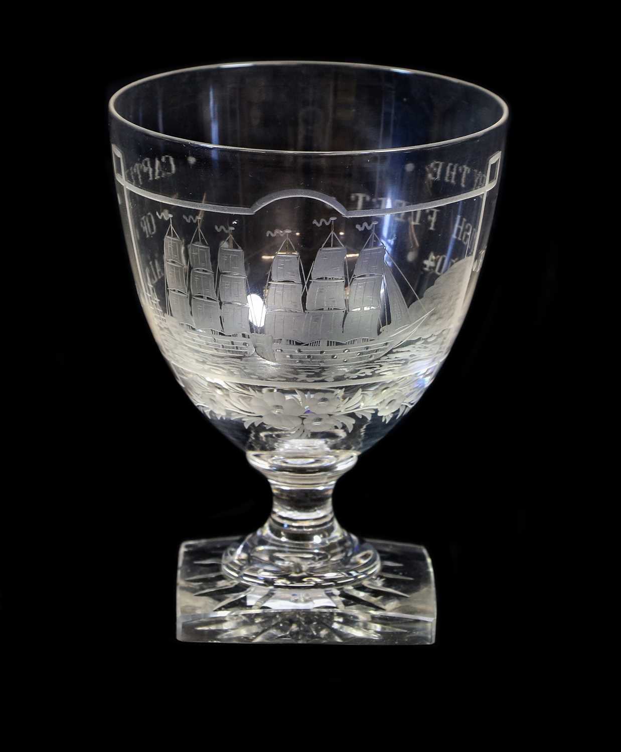 A Naval Commemorative Glass Rummer, circa 1804, the ovoid bowl engraved with men o'war with