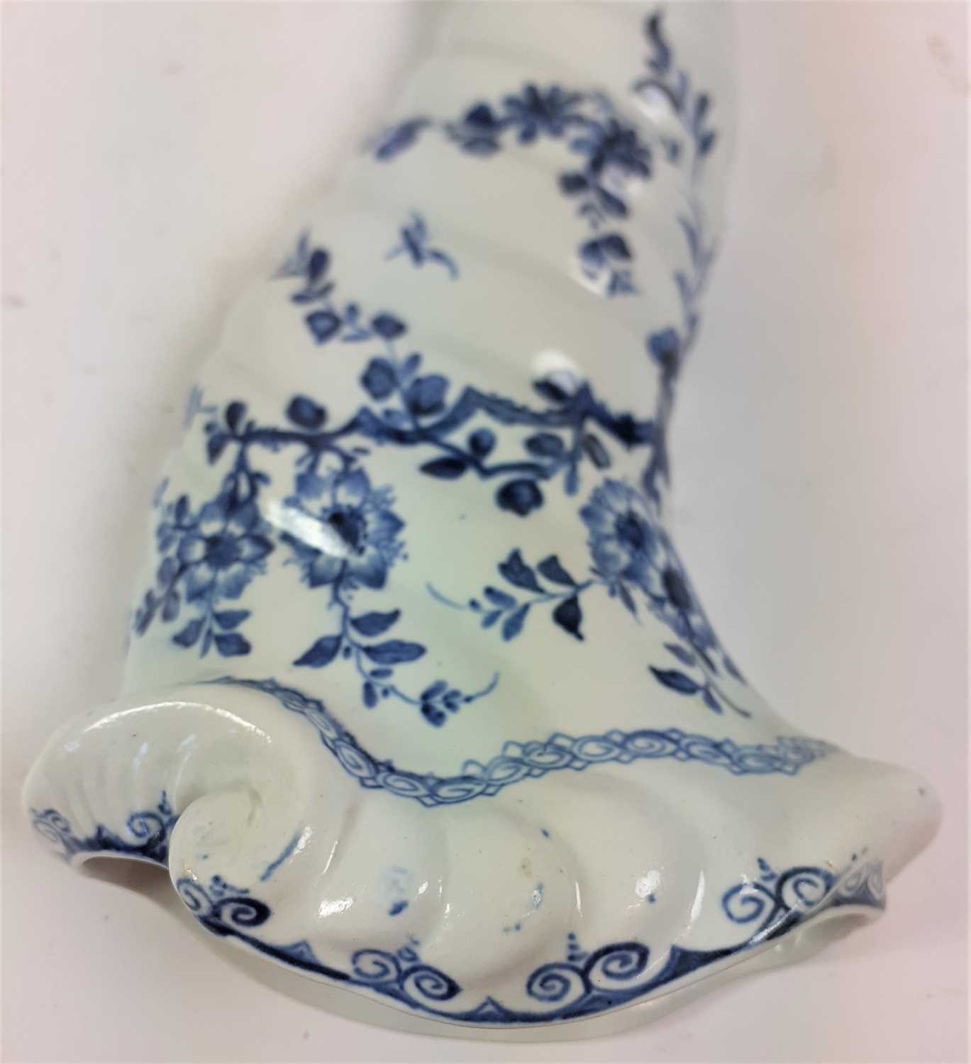 A Worcester Porcelain Cornucopia Wall Pocket, circa 1756, painted in underglaze blue with the - Image 6 of 10