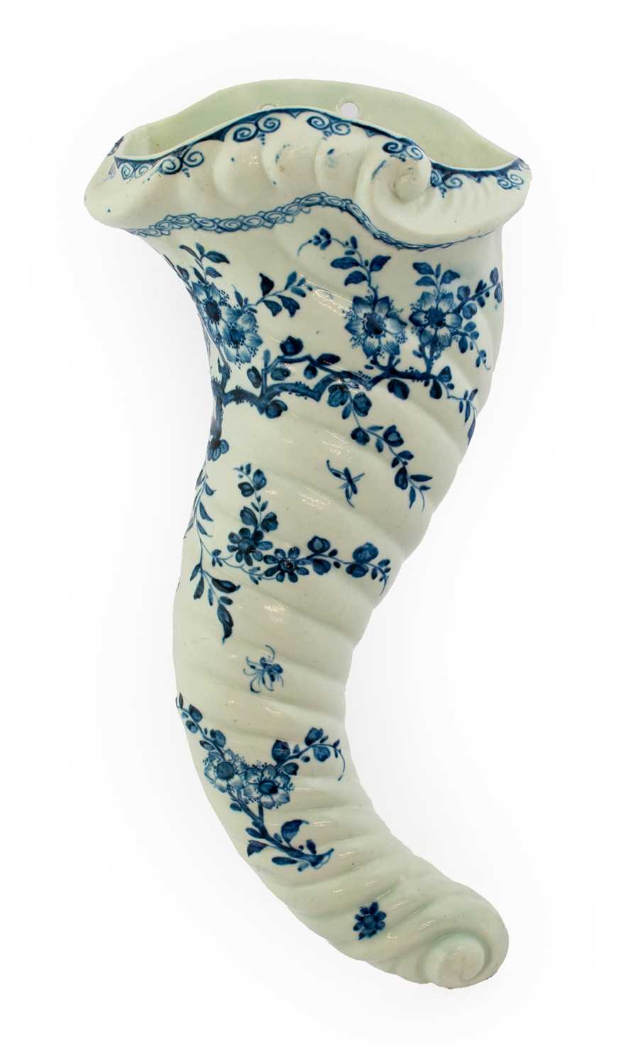 A Worcester Porcelain Cornucopia Wall Pocket, circa 1756, painted in underglaze blue with the