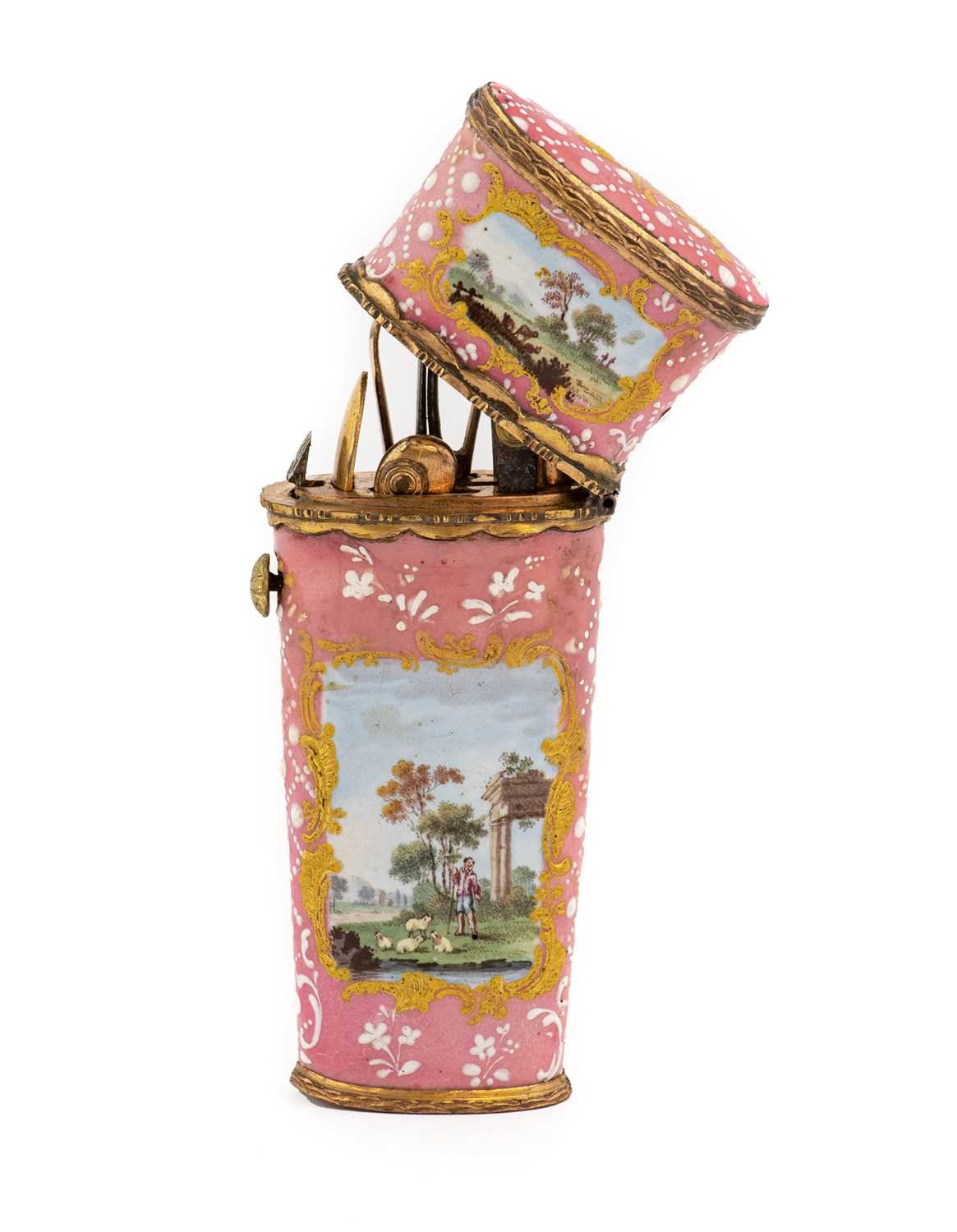 A South Staffordshire Enamel Etui, circa 1770, painted with classical landscapes within gold - Image 2 of 10