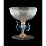 A Façon de Venise Winged Wine Glass, probably Netherlands, 17th century, the shallow cup-shaped bowl