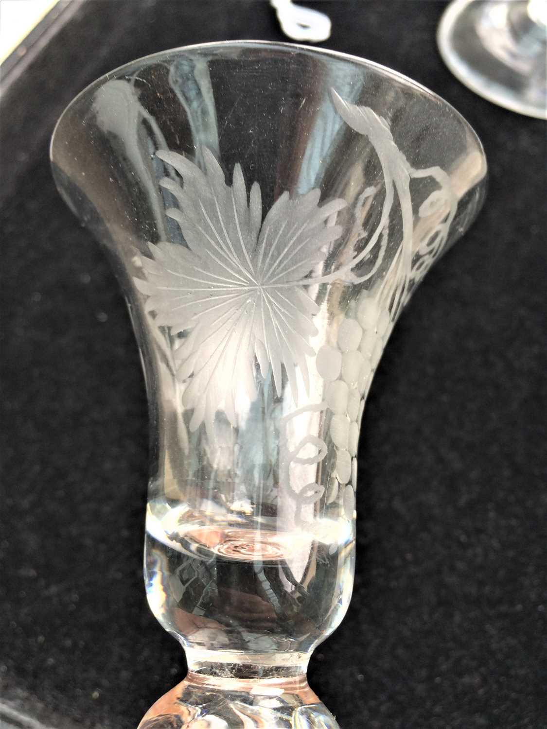 A Wine Glass, circa 1750, the bell shaped bowl engraved with fruiting vine on an inverted baluster - Image 3 of 8