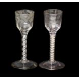 A Wine Glass, circa 1755, the semi-fluted ogee bowl engraved with fruiting vine on an opaque twist