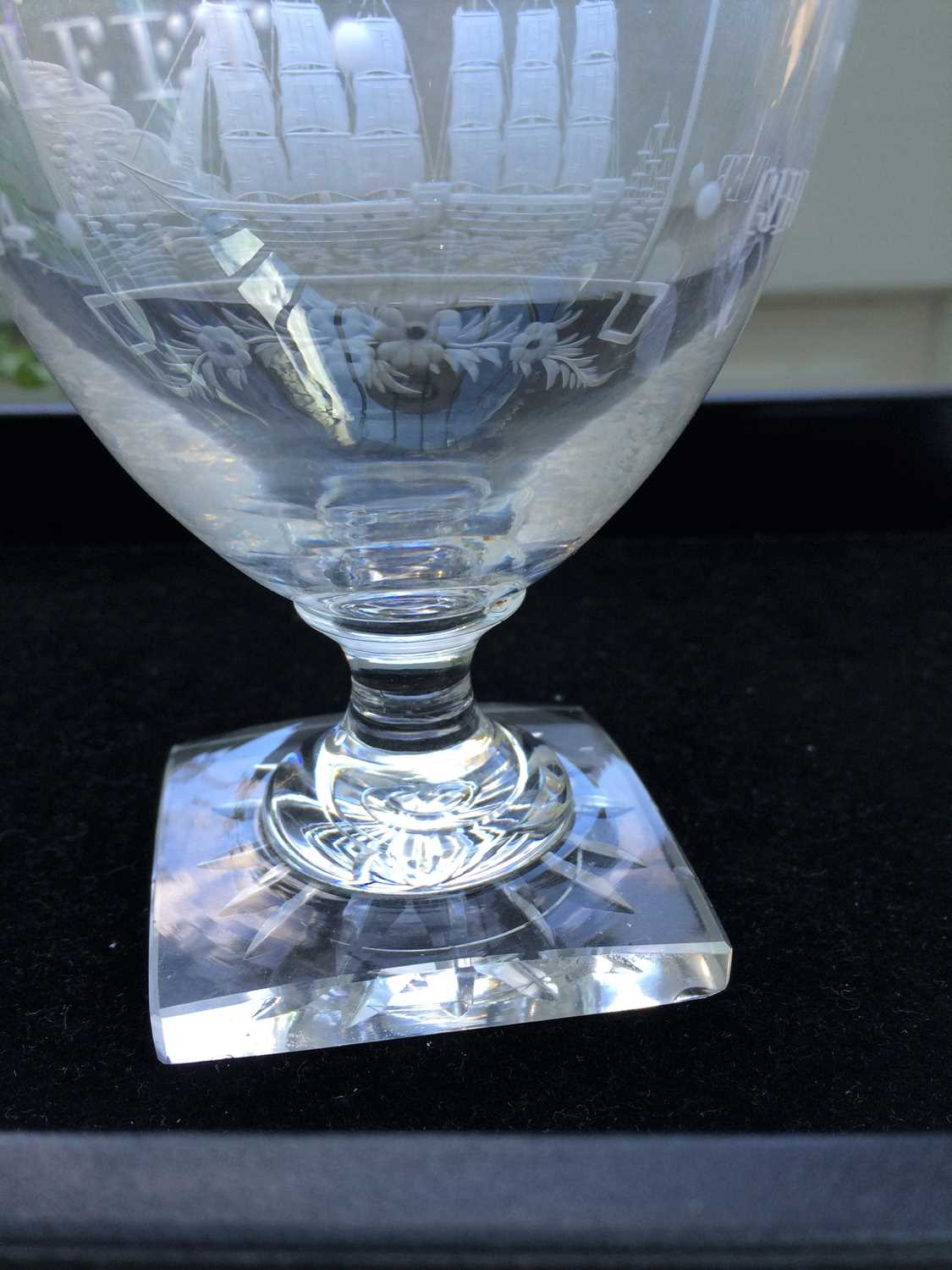 A Naval Commemorative Glass Rummer, circa 1804, the ovoid bowl engraved with men o'war with - Image 2 of 8