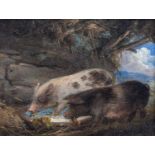 Attributed to George Morland (1763-1804)Piglets drinking in a stableIndistinctly signed, oil on