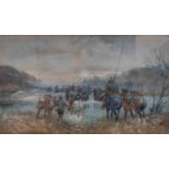 Tom Scott RSA, RSW, ARSA (1854-1927) ScottishBorder Reivers in a river valleySigned, watercolour,