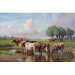 William Sidney Cooper (1854-1927)Cattle watering in a Summer landscapeSigned and dated 1923, oil