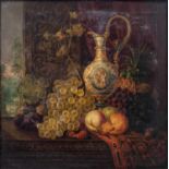 B* Whitley (1849-1925) Still life of fruit and a decorative porcelain ewer Signed and dated 1874?