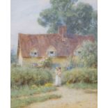 Helen Allingham RWS (1848-1926) Mother and child before a thatched cottage Signed, watercolour, 17.